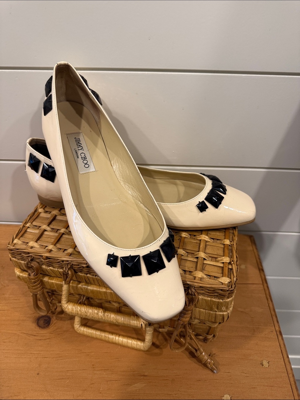 Jimmy Choo Cream Patent Ballet Flats with Black Pyramid Studs